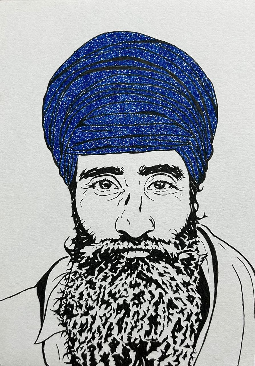Ink and acrylic portrait of a bearded man in a deep blue turban, by Vikas Kumar.