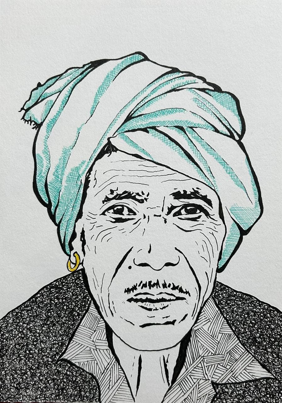 Ink and acrylic portrait of an elder in a sea-green head wrap, by Vikas Kumar.
