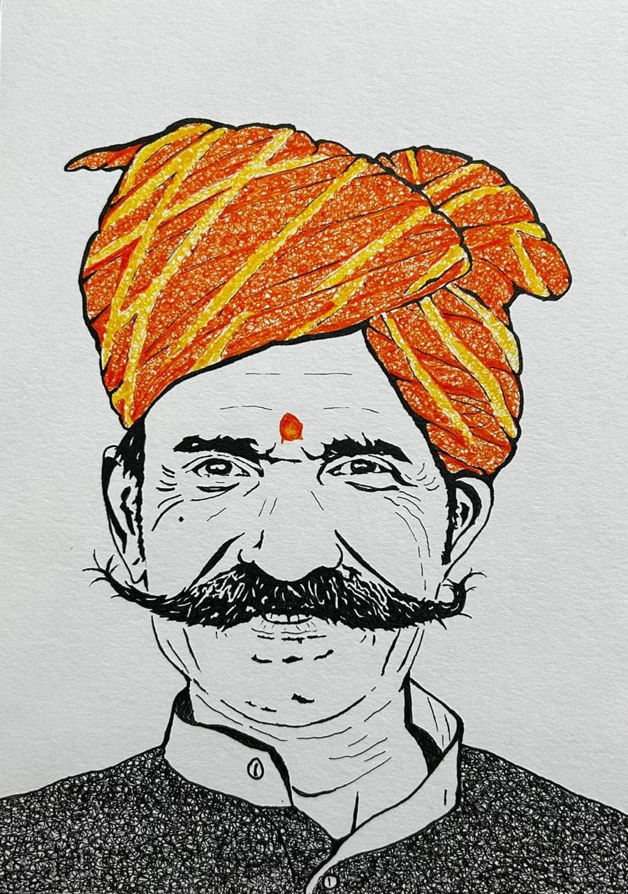 Ink and acrylic portrait of a moustached man in a saffron striped turban, by Vikas Kumar.