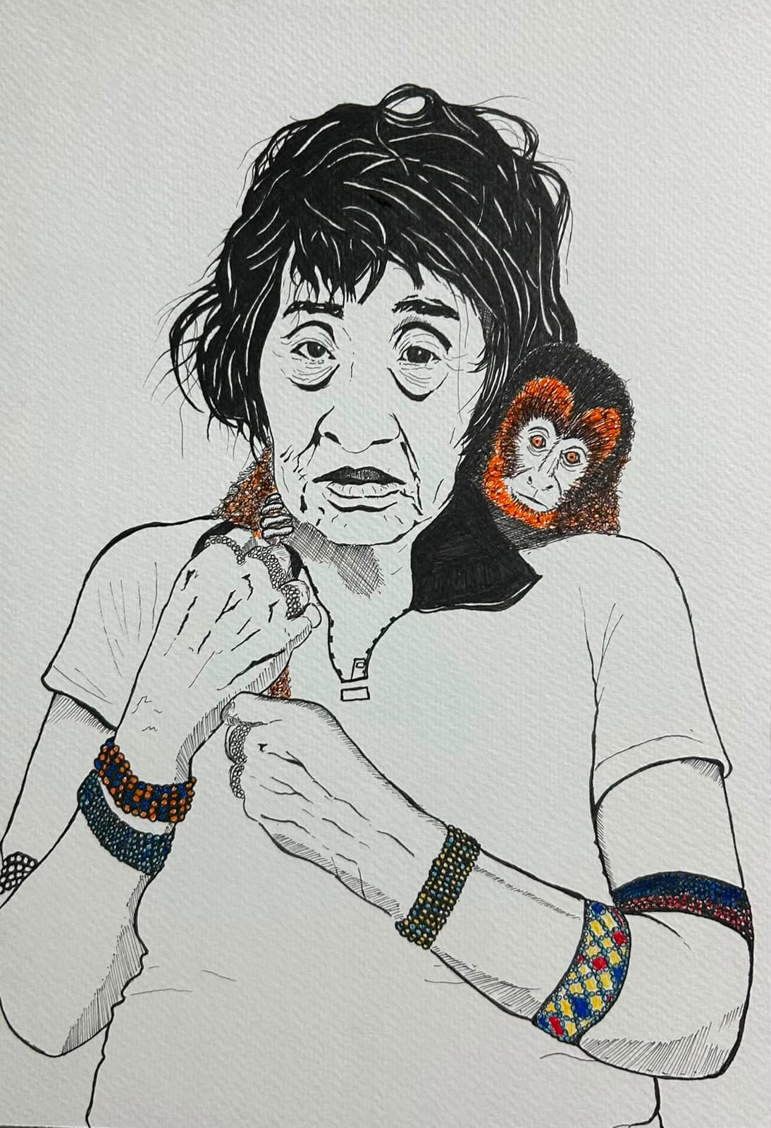 Ink and acrylic portrait of an older woman in beaded armbands with a small monkey perched on her shoulder, by Vikas Kumar.
