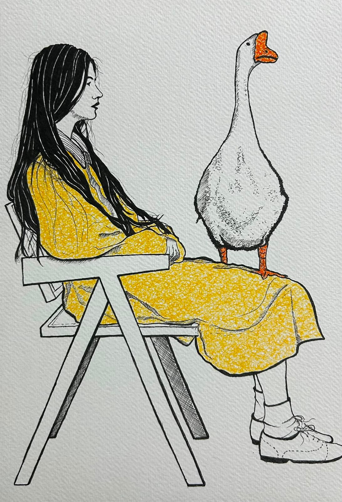 Ink and acrylic portrait of a long-haired girl in a yellow dress on a bench facing a white goose, by Vikas Kumar.