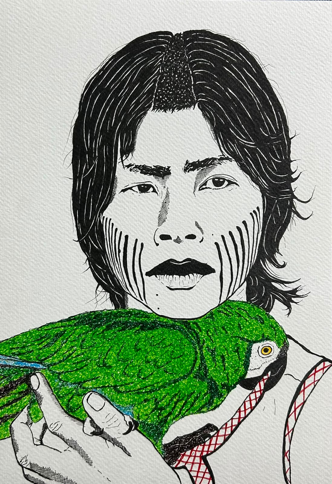 Ink and acrylic portrait of a long-haired young person holding a large green parrot, by Vikas Kumar.