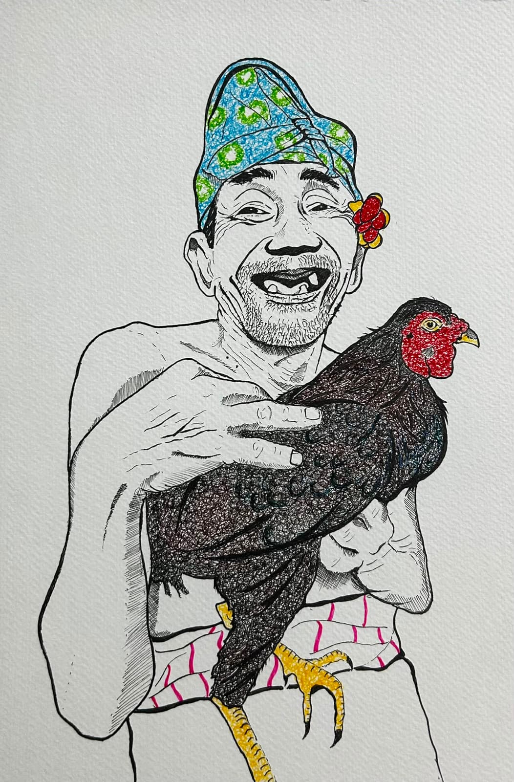 Ink and acrylic portrait of a laughing man in a patterned cap holding a black rooster with a red comb, by Vikas Kumar.