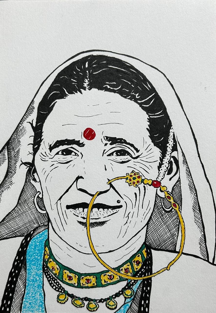 Ink portrait of a smiling elderly woman wearing a large gold nose ring (nath), a red bindi and a beaded gold-and-green necklace, with a veil over her hair.