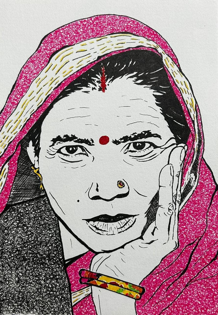 Ink portrait of an elderly woman resting her cheek on her hand, wearing a bright pink patterned veil, a red bindi and a nose stud.
